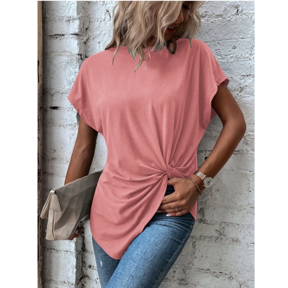Twist Detail Pink Tee Shirt Short Sleeve Round Neck - Picture 6 of 12